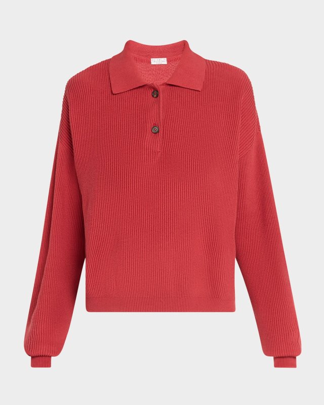 Cotton Rib-Knit Long-Sleeve Polo Sweat
